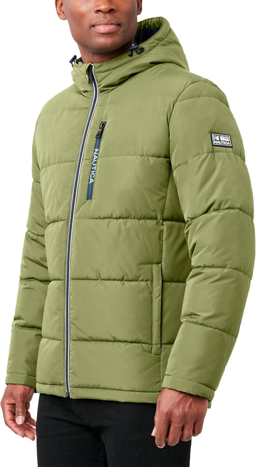 imageNautica Mens Midweight Quilted Faux Memory Puffer Jacket Adjustable Hood Insulated Winter CoatPale Olive