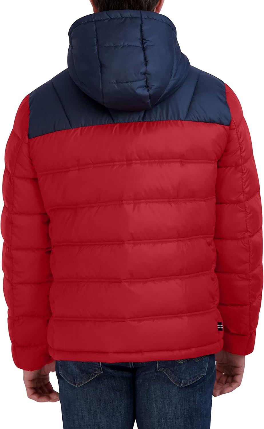 imageNautica Mens Midweight Quilted Faux Memory Puffer Jacket Adjustable Hood Insulated Winter CoatRed