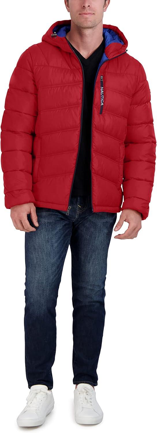imageNautica Mens Midweight Quilted Faux Memory Puffer Jacket Adjustable Hood Insulated Winter CoatRed