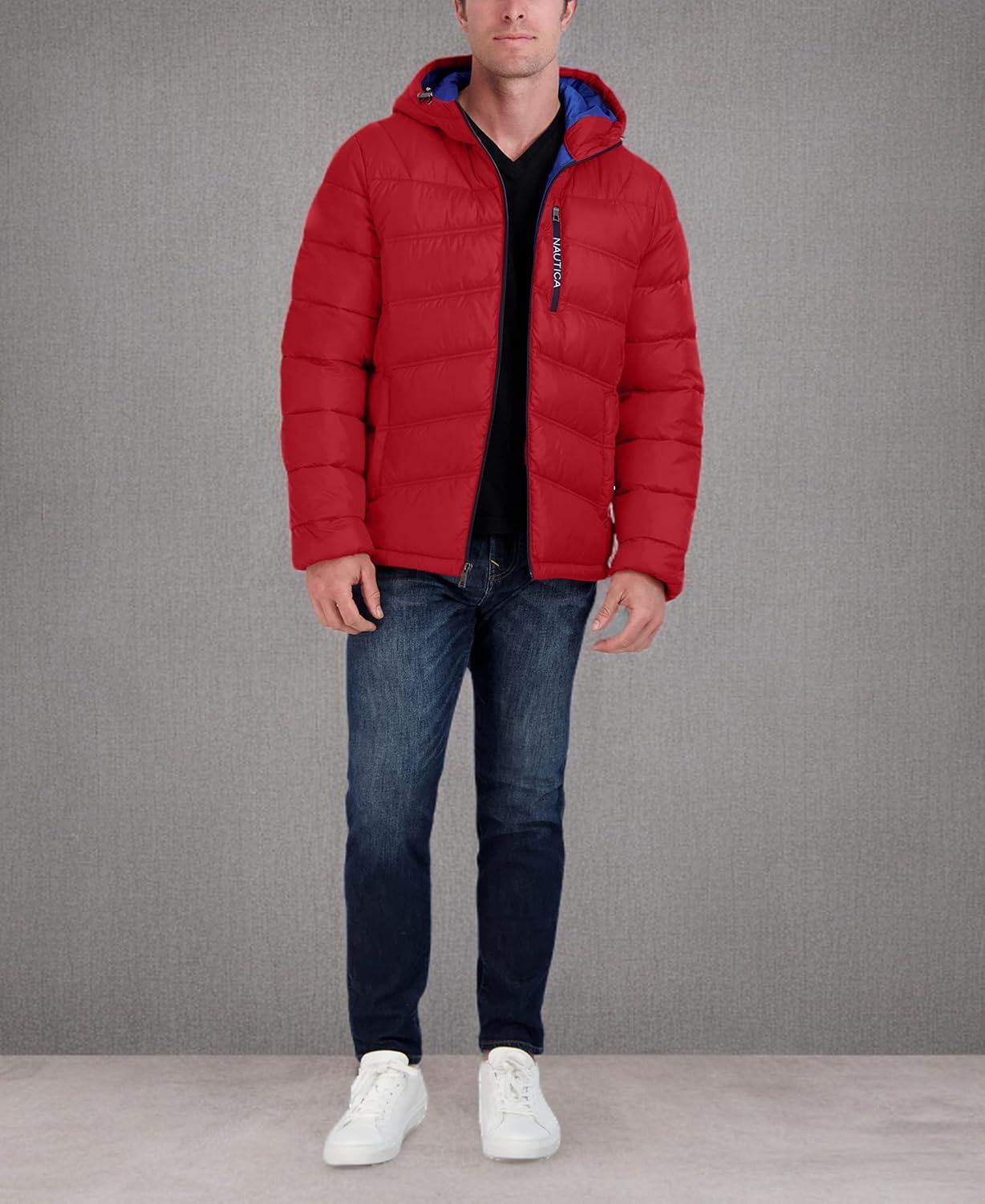 imageNautica Mens Midweight Quilted Faux Memory Puffer Jacket Adjustable Hood Insulated Winter CoatRed
