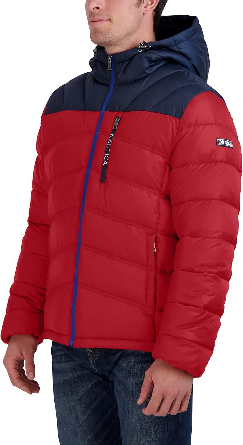imageNautica Mens Midweight Quilted Faux Memory Puffer Jacket Adjustable Hood Insulated Winter CoatRed