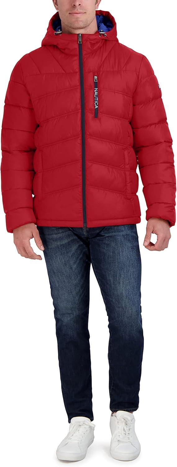 imageNautica Mens Midweight Quilted Faux Memory Puffer Jacket Adjustable Hood Insulated Winter CoatRed