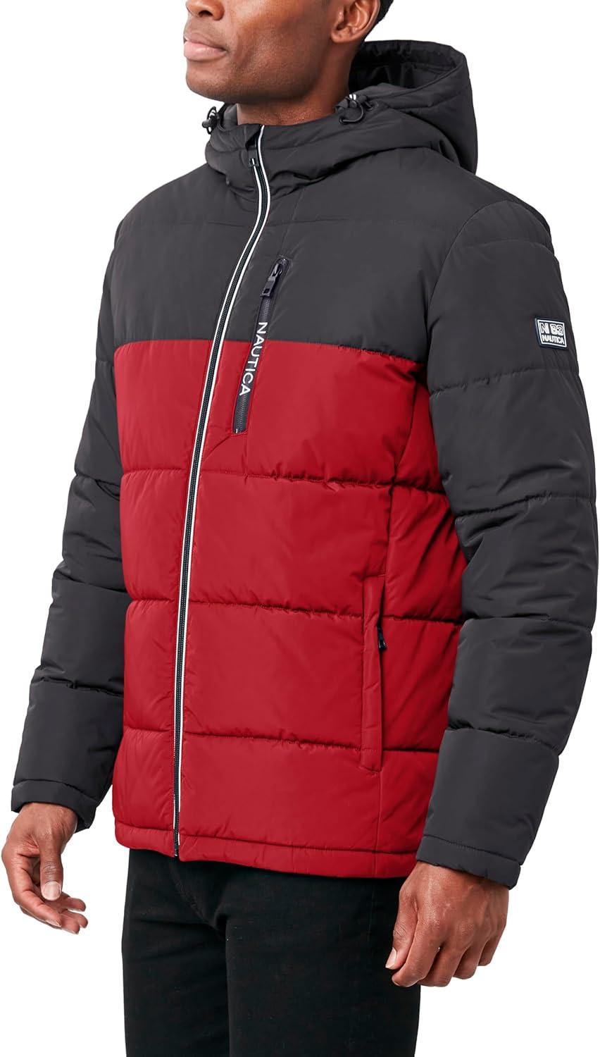 imageNautica Mens Midweight Quilted Faux Memory Puffer Jacket Adjustable Hood Insulated Winter CoatRed Asphalt
