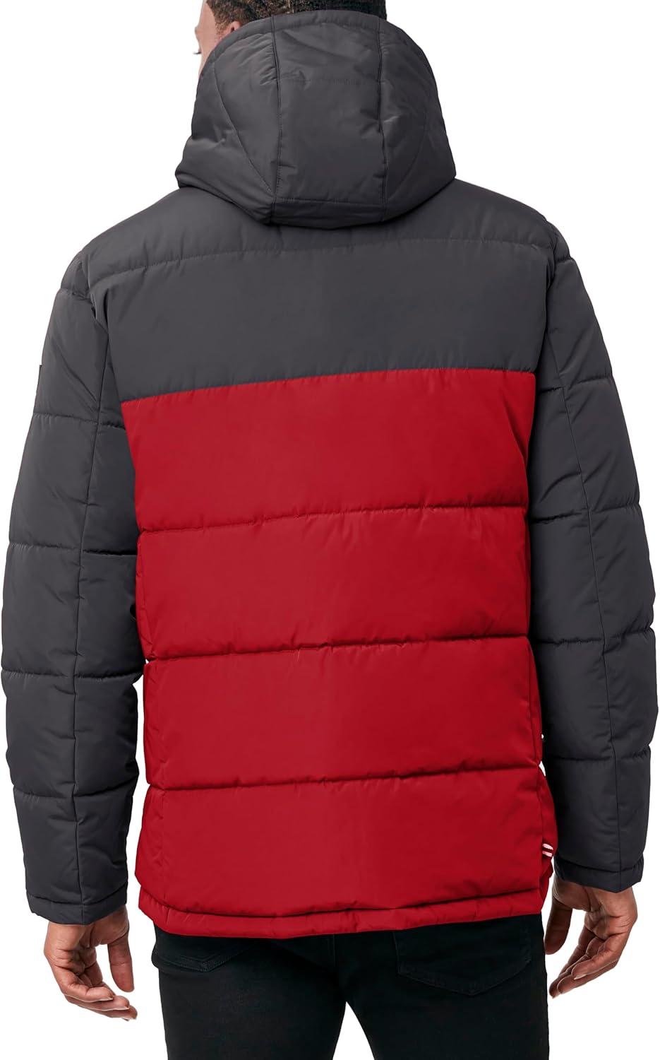 imageNautica Mens Midweight Quilted Faux Memory Puffer Jacket Adjustable Hood Insulated Winter CoatRed Asphalt