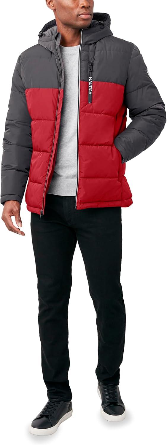 imageNautica Mens Midweight Quilted Faux Memory Puffer Jacket Adjustable Hood Insulated Winter CoatRed Asphalt