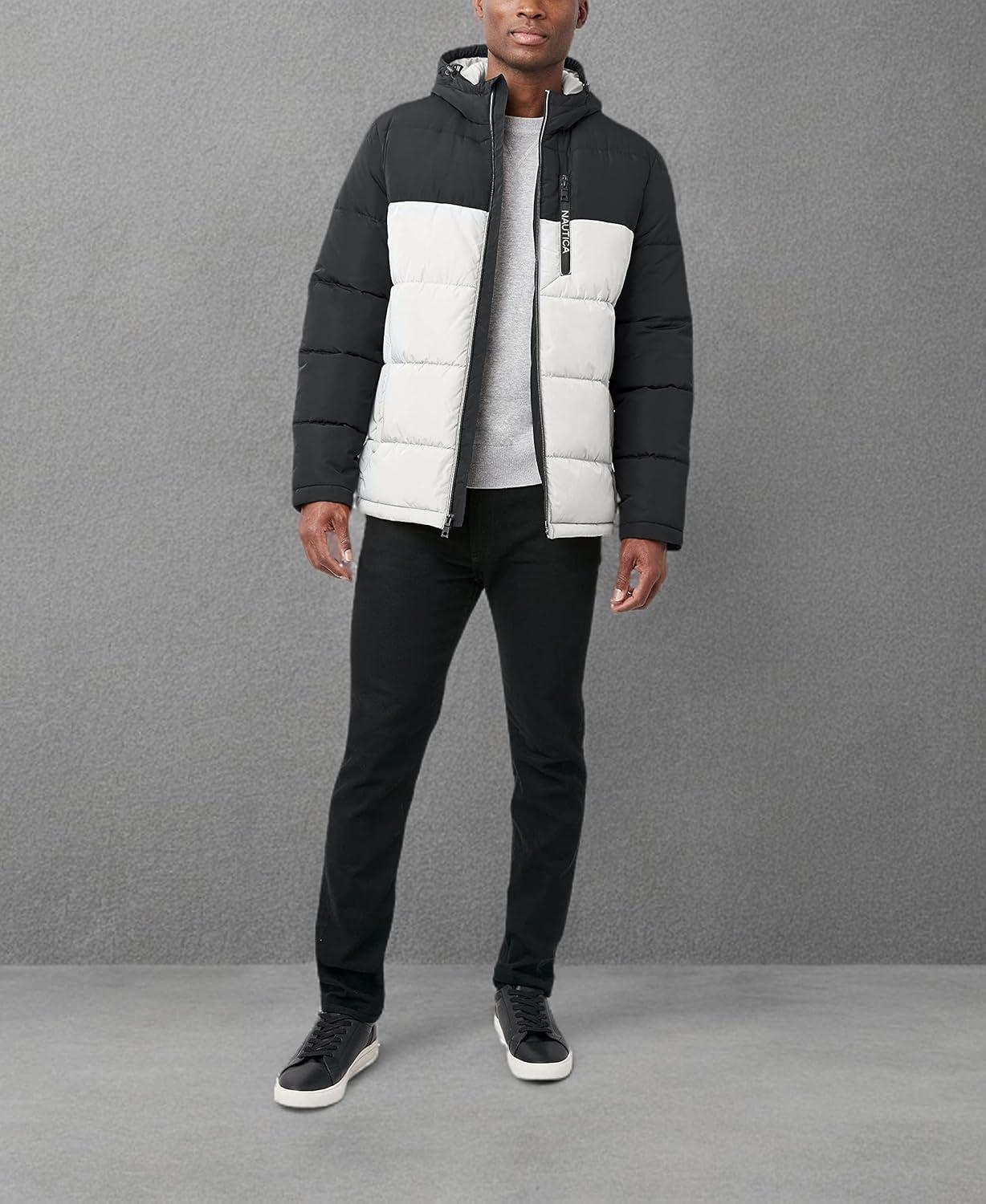 imageNautica Mens Midweight Quilted Faux Memory Puffer Jacket Adjustable Hood Insulated Winter CoatWhiteBlack