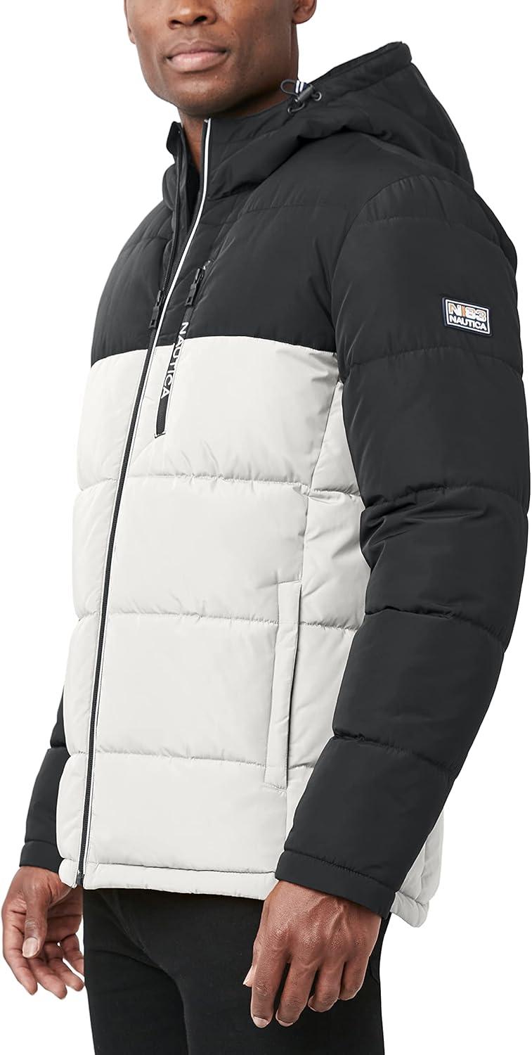 imageNautica Mens Midweight Quilted Faux Memory Puffer Jacket Adjustable Hood Insulated Winter CoatWhiteBlack