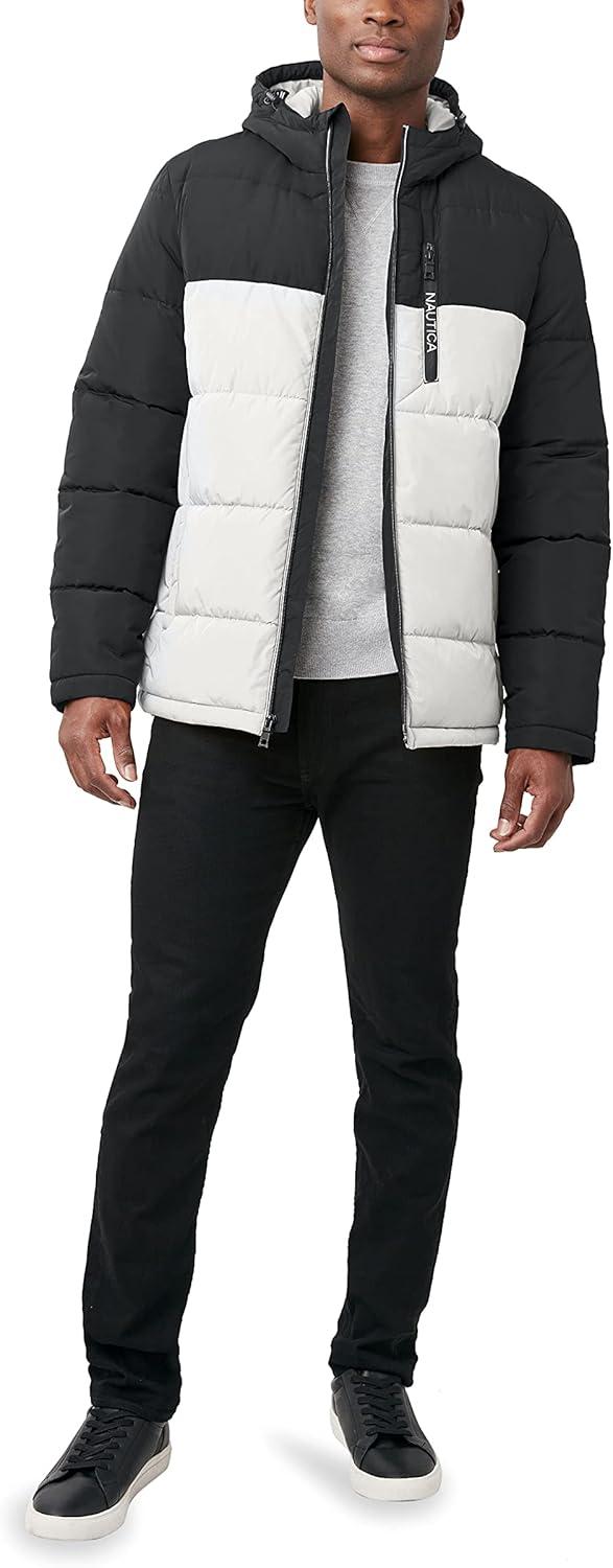 imageNautica Mens Midweight Quilted Faux Memory Puffer Jacket Adjustable Hood Insulated Winter CoatWhiteBlack
