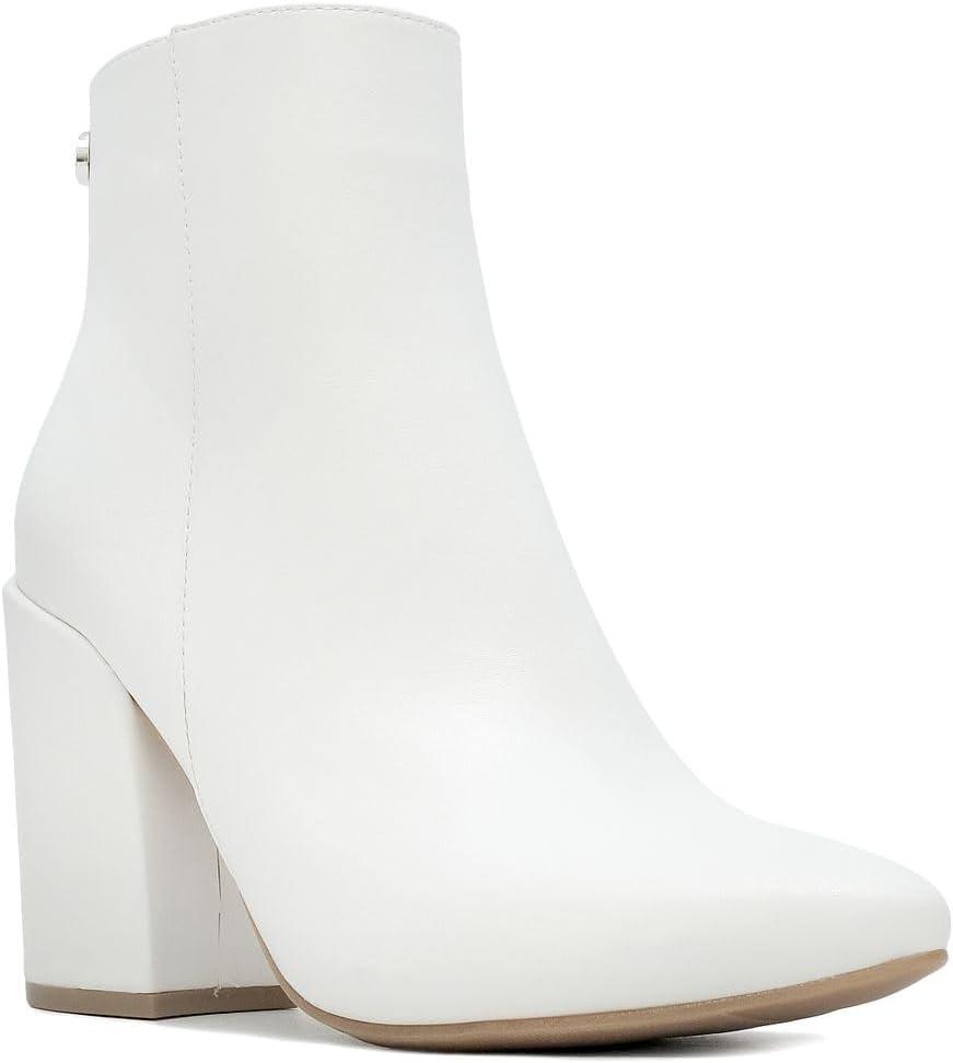 imageNautica Womens Heeled Ankle Bootie with Pointed Toe Block Heel and Side Zipper for Winter YevaWhite