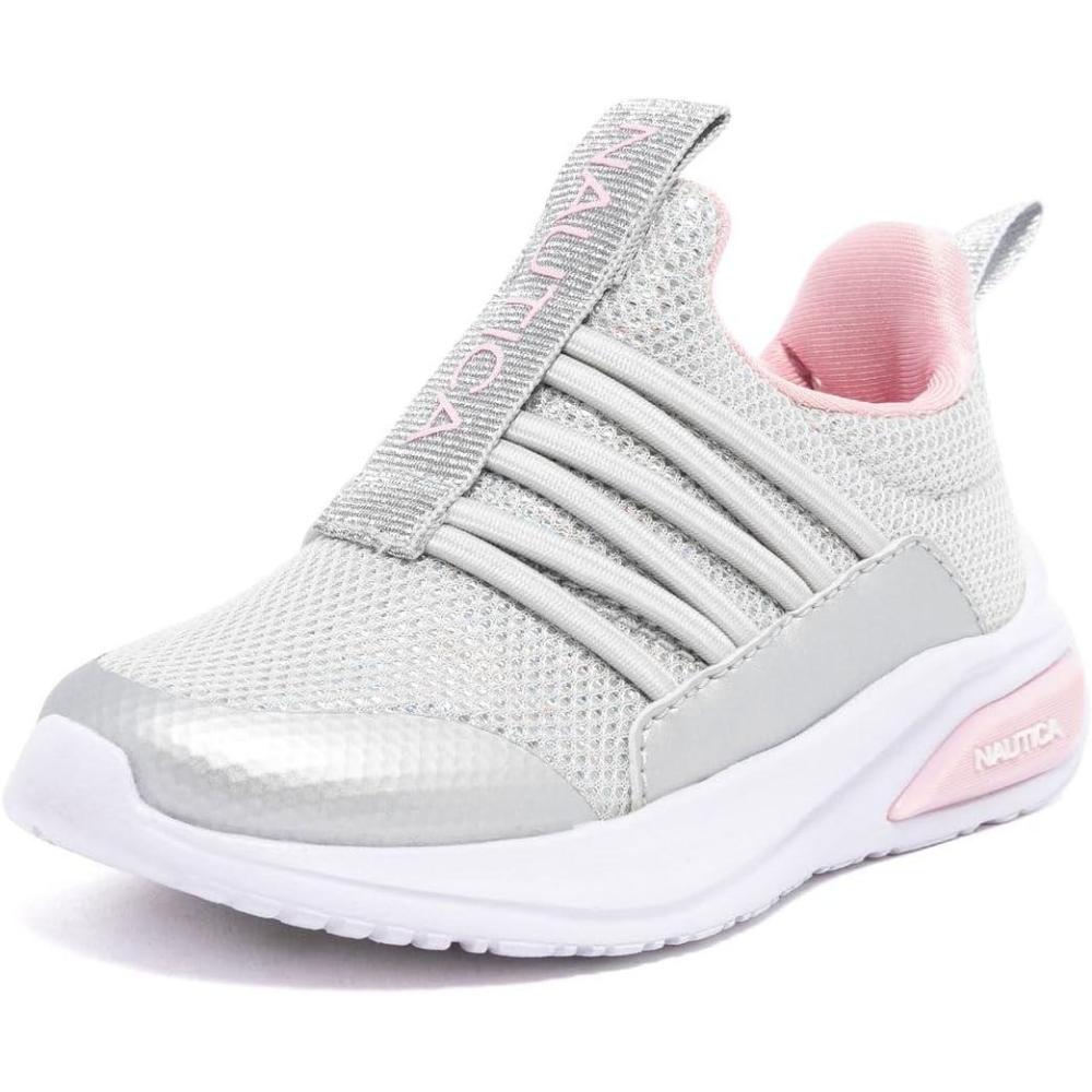 imageNautica Kids Athletic SlipOn Sneakers Comfortable Bungee Running Shoes for Boys and Girls Stylish and Supportive Footwear for Active Kids Big KidLittle KidToddlerGrey Silver Pink