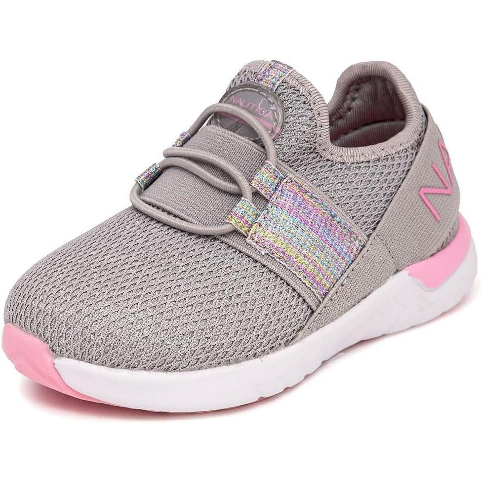 imageNautica Kids Boys and Girls Athletic SlipOn Sneakers Lightweight Bungee Running Shoes for Toddler Little Kid and Big KidGrey Pink Glitter