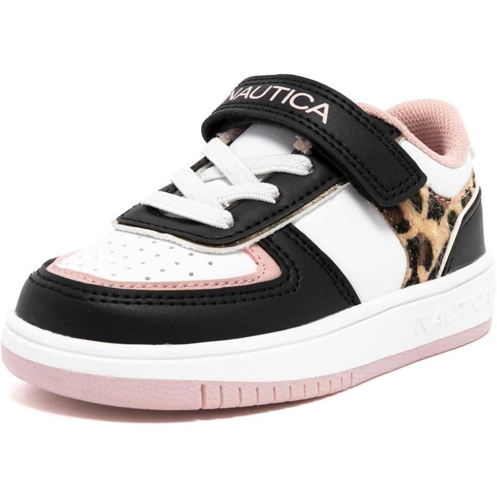 imageNautica Kids Girls Sneakers with Adjustable Strap and Bungee Straps Comfortable Casual Shoes ToddlerLittle KidBlack Pink Leopard