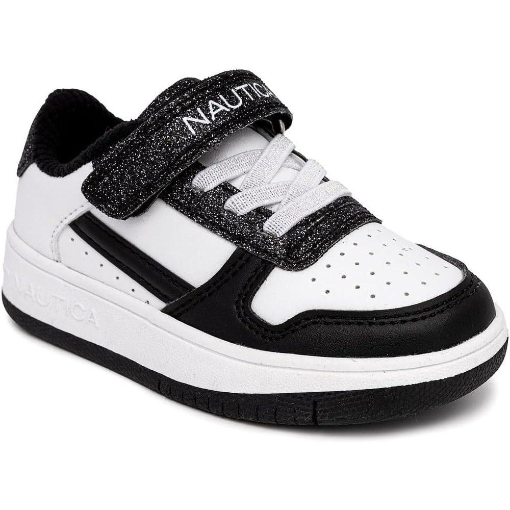 imageNautica Kids Girls Sneakers with Adjustable Strap and Bungee Straps  Comfortable Casual Shoes ToddlerLittle KidBlack White Glitter
