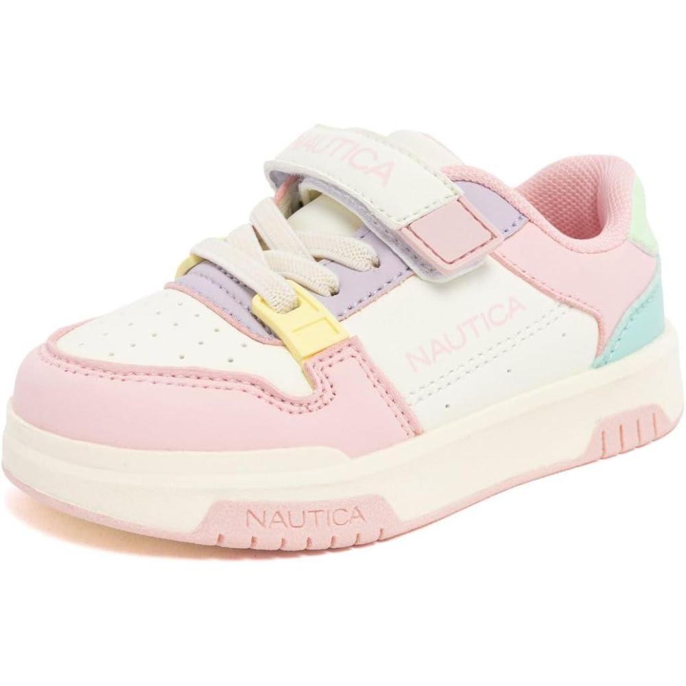 imageNautica Kids Girls Sneakers with Adjustable Strap and Bungee Straps  Comfortable Casual Shoes ToddlerLittle KidBone Pastel Gavie