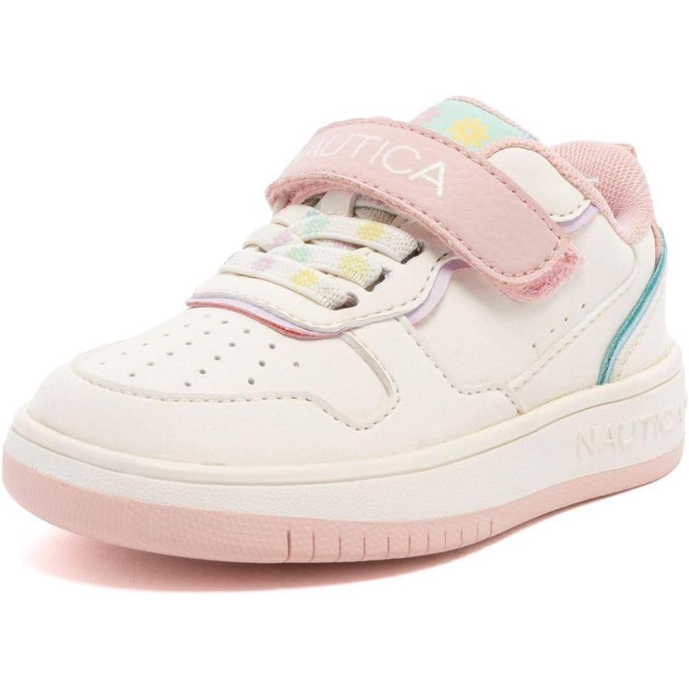 imageNautica Kids Girls Sneakers with Adjustable Strap and Bungee Straps Comfortable Casual Shoes ToddlerLittle KidBone Pastelsaisy