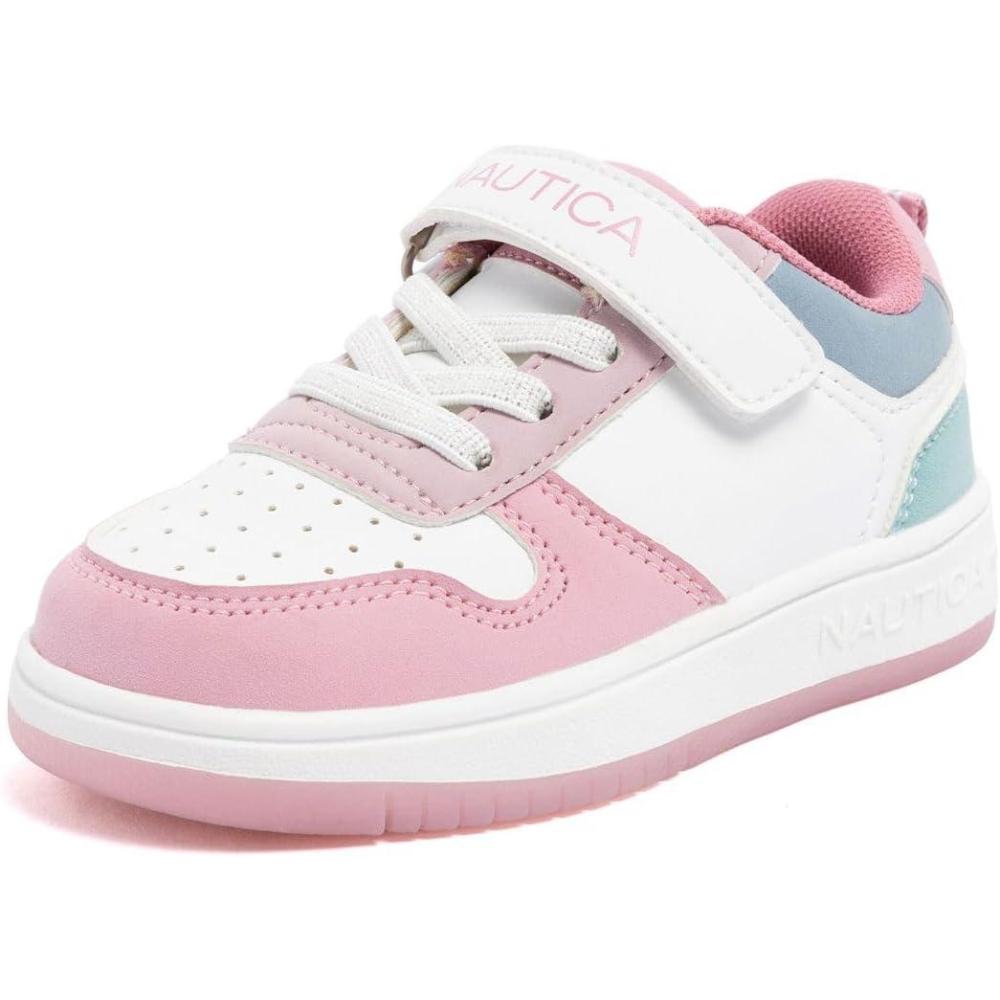 imageNautica Kids Girls Sneakers with Adjustable Strap and Bungee Straps Comfortable Casual Shoes ToddlerLittle KidPink White Teal