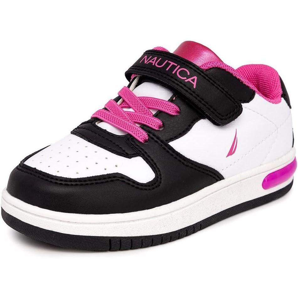 imageNautica Kids Girls Sneakers with Adjustable Strap and Bungee Straps Comfortable Casual Shoes ToddlerLittle KidWhite Black Pink
