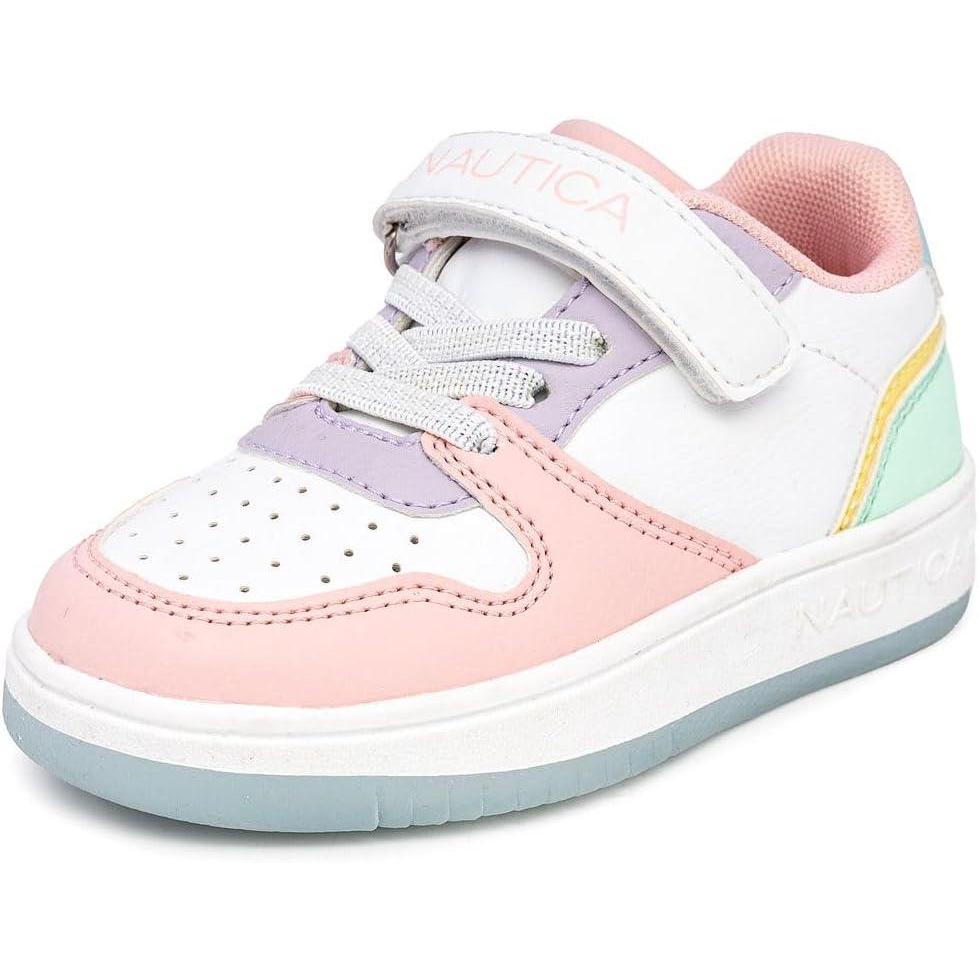 imageNautica Kids Girls Sneakers with Adjustable Strap and Bungee Straps Comfortable Casual Shoes ToddlerLittle KidWhite Pastel