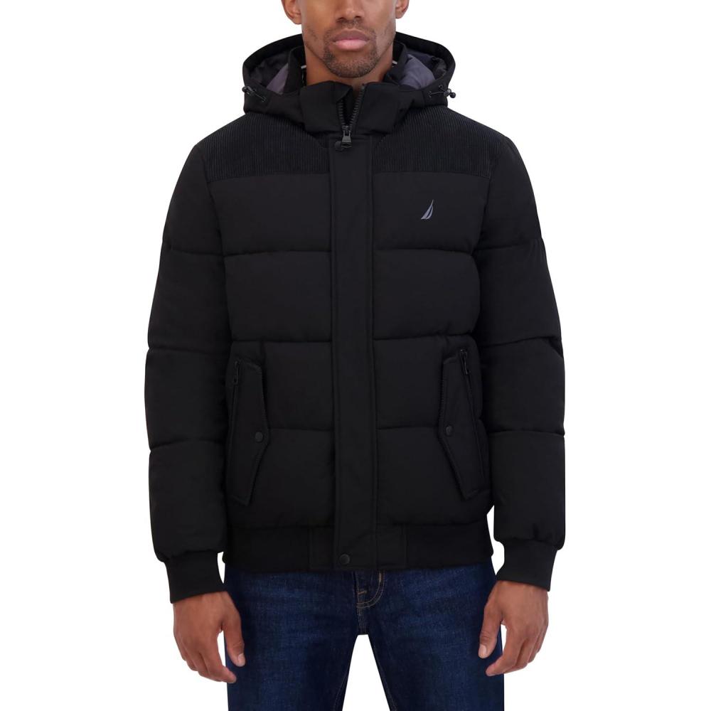 imageNautica Mens Lightweight Mix Media Bomber Jacket Mechanical Stretch WaterResistant CoatBlack