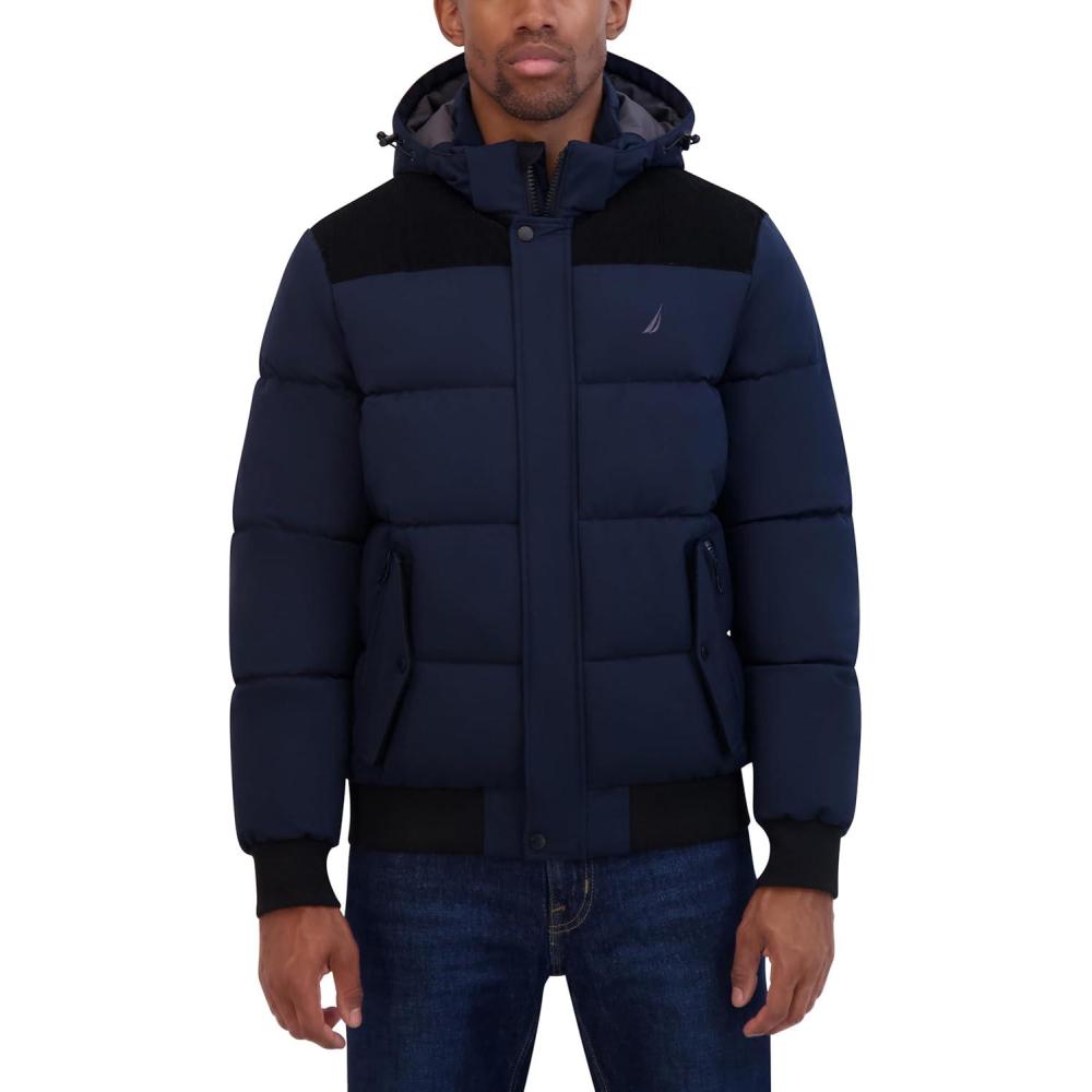 imageNautica Mens Lightweight Mix Media Bomber Jacket Mechanical Stretch WaterResistant CoatNavy