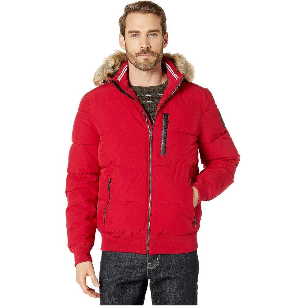 imageNautica Mens Lightweight Mix Media Bomber Jacket Mechanical Stretch WaterResistant CoatRed