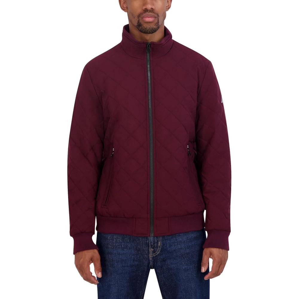 imageNautica Mens Lightweight Quilted Bomber Jacket Mechanical Stretch Wind amp WaterresistantBurg