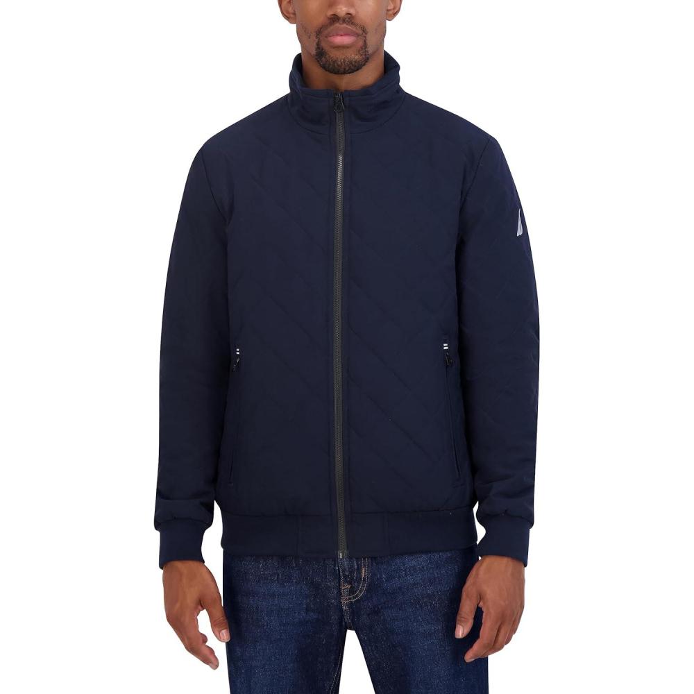 imageNautica Mens Lightweight Quilted Bomber Jacket Mechanical Stretch Wind amp WaterresistantOcean