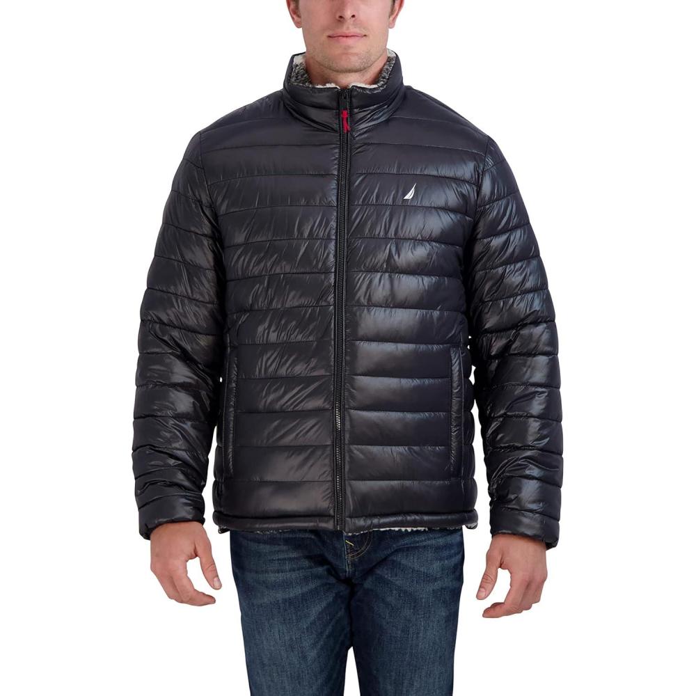 imageNautica Mens Lightweight Quilted Puffer Jacket Full Zip Transitional OuterwearBlackWhite
