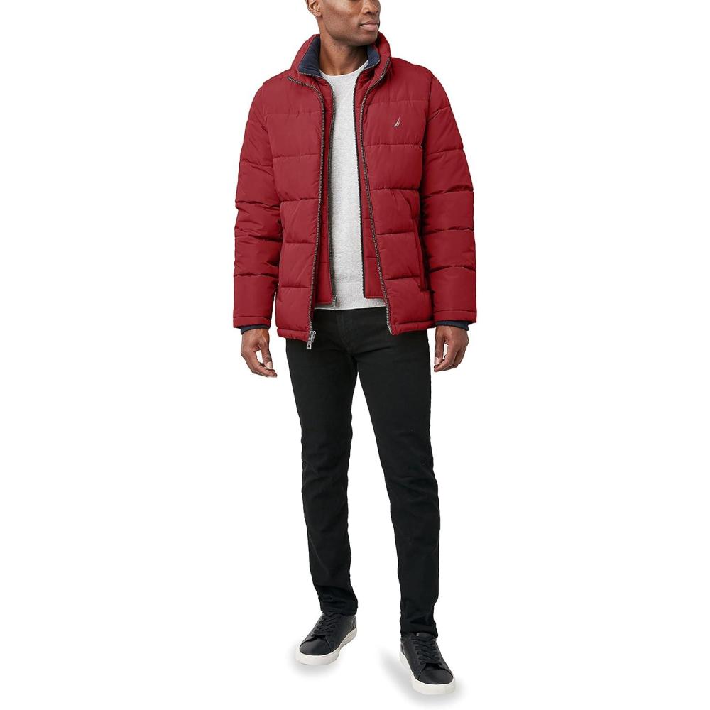 imageNautica Mens Midweight Puffer Jacket with Bib Insert Fleece Collar Insulated Winter CoatRed