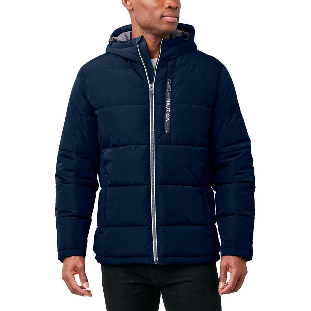 imageNautica Mens Midweight Quilted Faux Memory Puffer Jacket Adjustable Hood Insulated Winter CoatNavy