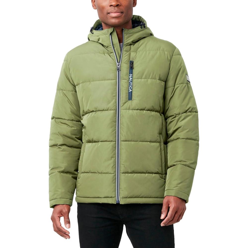imageNautica Mens Midweight Quilted Faux Memory Puffer Jacket Adjustable Hood Insulated Winter CoatPale Olive