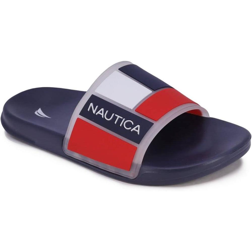 imageNautica Mens Open Toe Slide Sandals  Comfortable Indoor amp Outdoor Shower SlippersBower Clearred White Blue
