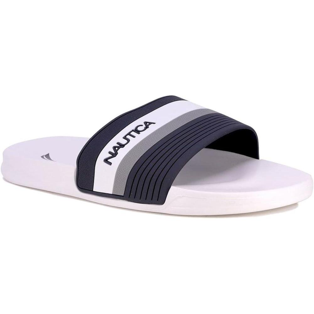 imageNautica Mens Open Toe Slide Sandals  Comfortable Indoor amp Outdoor Shower SlippersTopco StripenavyWhite