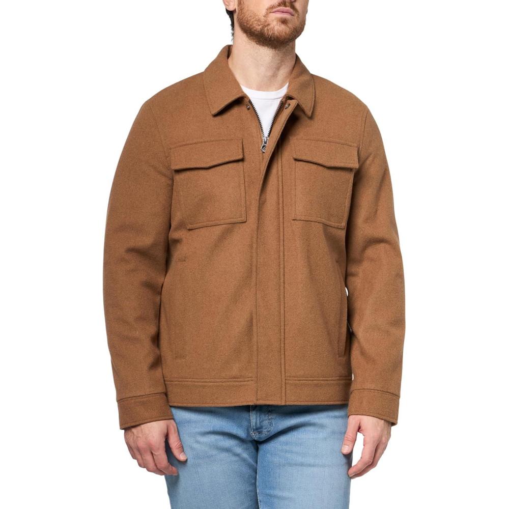 imageNautica Mens Wool Jacket Diamond Quilted Lining Polyfill Insulation Snap amp Zip ClosureCamel