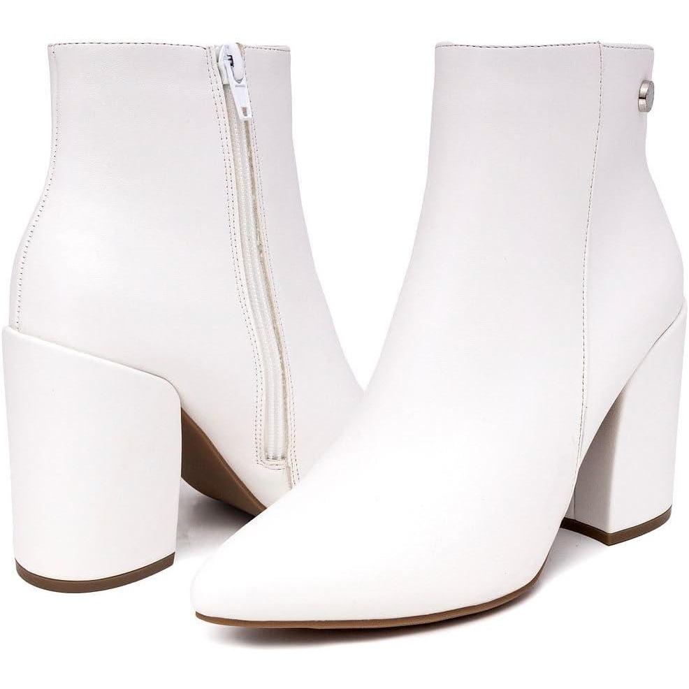 imageNautica Womens Heeled Ankle Bootie with Pointed Toe Block Heel and Side Zipper for Winter YevaWhite