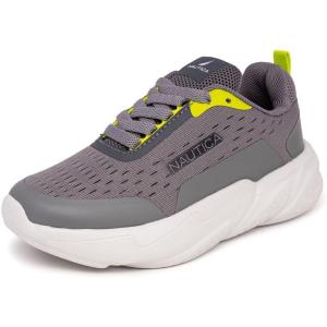 Nautica Boys Youth Lace Up Sneakers, Lightweight Mesh Athletic Running Shoes for Kids Cushioned Comfort Sole for School Sports Walking(Grey Lime-nigel)