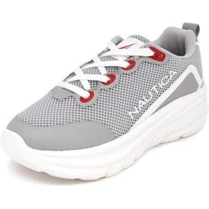 Nautica Boys Youth Lace Up Sneakers, Lightweight Mesh Athletic Running Shoes for Kids Cushioned Comfort Sole for School Sports Walking(Grey White Red-mariln)