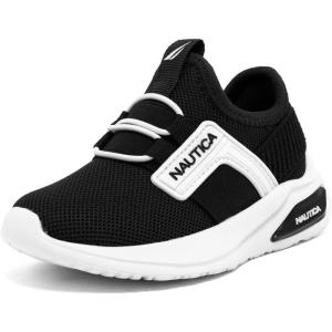 Nautica Kids Athletic Slip-On Sneakers – Comfortable Bungee Running Shoes for Boys and Girls – Stylish and Supportive Footwear for Active Kids (Big Kid/Little Kid/Toddler)(Black White-mavven)