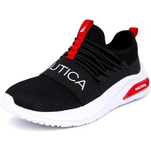 Nautica Kids Athletic Slip-On Sneakers – Comfortable Bungee Running Shoes for Boys and Girls – Stylish and Supportive Footwear for Active Kids (Big Kid/Little Kid/Toddler)(Black Red-summr)