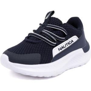 Nautica Kids Boys and Girls Athletic Slip-On Sneakers, Lightweight Bungee Running Shoes for Toddler, Little Kid, and Big Kid(Navy White)