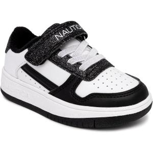 Nautica Kids Girls Sneakers with Adjustable Strap and Bungee Straps | Comfortable Casual Shoes (Toddler/Little Kid)(Black White Glitter)