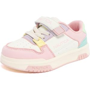 Nautica Kids Girls Sneakers with Adjustable Strap and Bungee Straps | Comfortable Casual Shoes (Toddler/Little Kid)(Bone Pastel- Gavie)