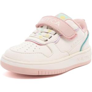 Nautica Kids Girls Sneakers with Adjustable Strap and Bungee Straps | Comfortable Casual Shoes (Toddler/Little Kid)(Bone Pastel-saisy)