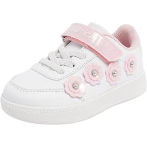 Nautica Kids Girls Sneakers with Adjustable Strap and Bungee Straps | Comfortable Casual Shoes (Toddler/Little Kid)(Pink Flower- Savvi)
