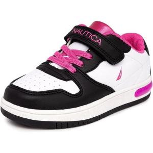 Nautica Kids Girls Sneakers with Adjustable Strap and Bungee Straps | Comfortable Casual Shoes (Toddler/Little Kid)(White Black Pink)