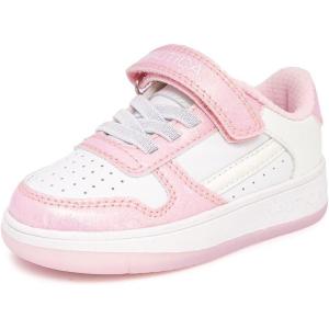 Nautica Kids Girls Sneakers with Adjustable Strap and Bungee Straps | Comfortable Casual Shoes (Toddler/Little Kid)(White Glitter Pink)