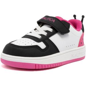 Nautica Kids Girls Sneakers with Adjustable Strap and Bungee Straps | Comfortable Casual Shoes (Toddler/Little Kid)(White Pink Black)
