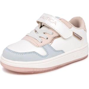 Nautica Kids Girls Sneakers with Adjustable Strap and Bungee Straps | Comfortable Casual Shoes (Toddler/Little Kid)(White Pink-almina)