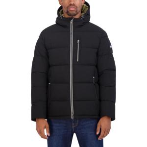 Nautica Men’s Midweight Faux Memory Puffer Jacket –Adjustable Hood Insulated Quilted Winter Coat(Black)