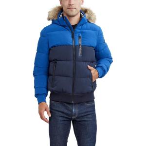 Nautica Men’s Midweight Faux Memory Puffer Jacket –Adjustable Hood Insulated Quilted Winter Coat(Blu/Nvy)